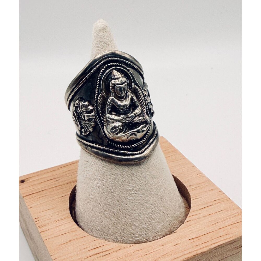 Vintage Sterling Silver Buddah Ring - Statement Ring - Adjustable